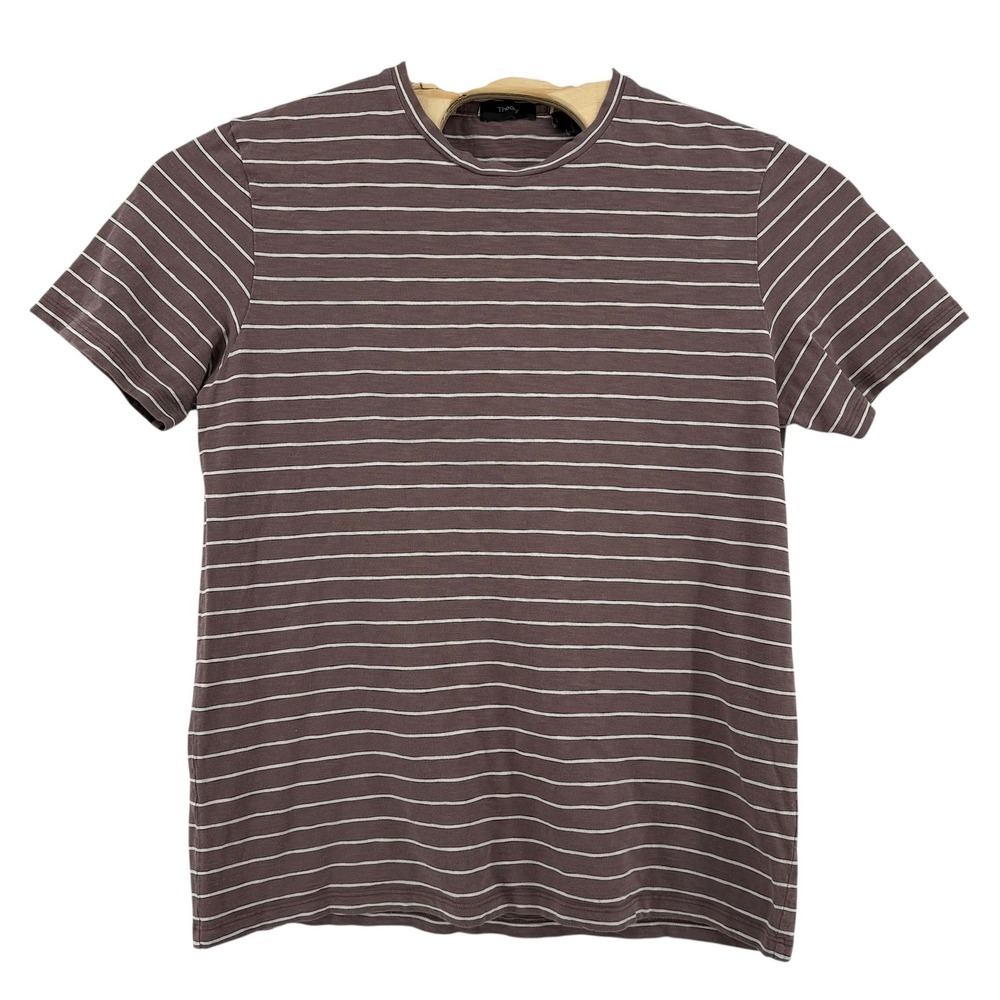 Theory Mens Large Clean Tee Striped Slub Cotton T-Shirt Mauve/Tan White